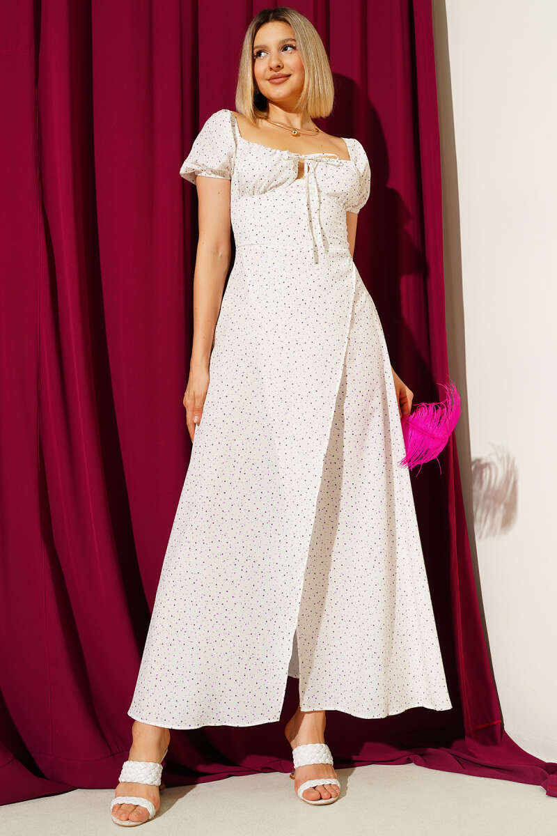 Polka Dot Midi Dress with Slit - Bone