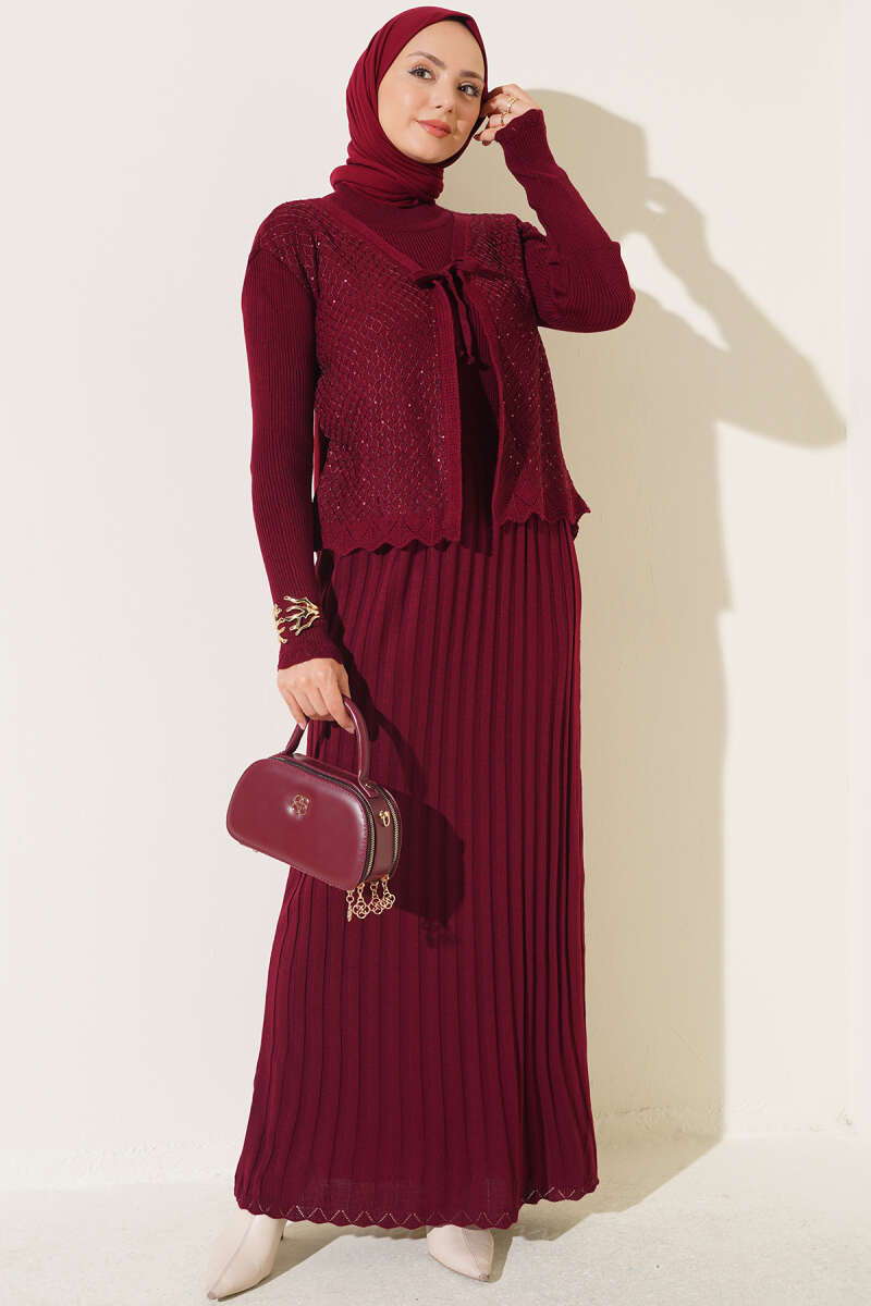 Sequin Tie Knit Dress - Burgundy