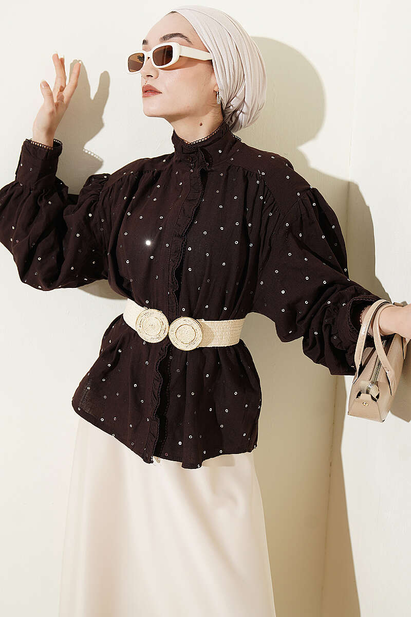Short Balloon-Sleeve Shirt with Sequins - Brown