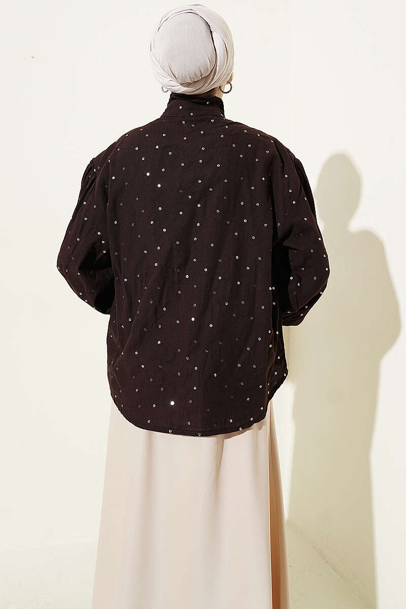 Short Balloon-Sleeve Shirt with Sequins - Brown