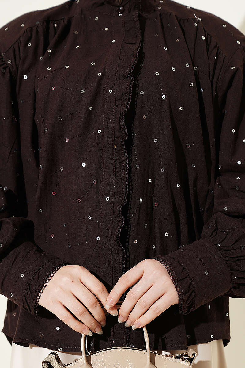 Short Balloon-Sleeve Shirt with Sequins - Brown