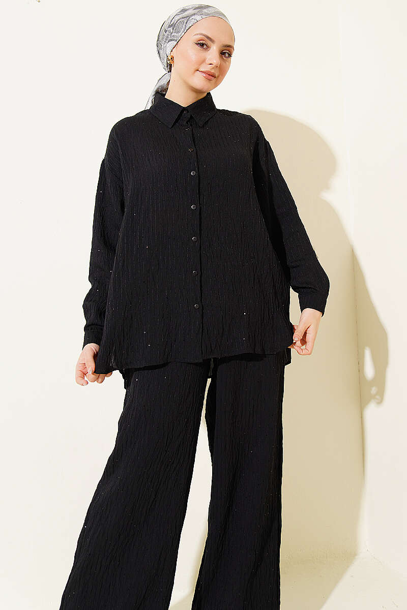 Striped Two-Piece Set with Sequin Detail - Black