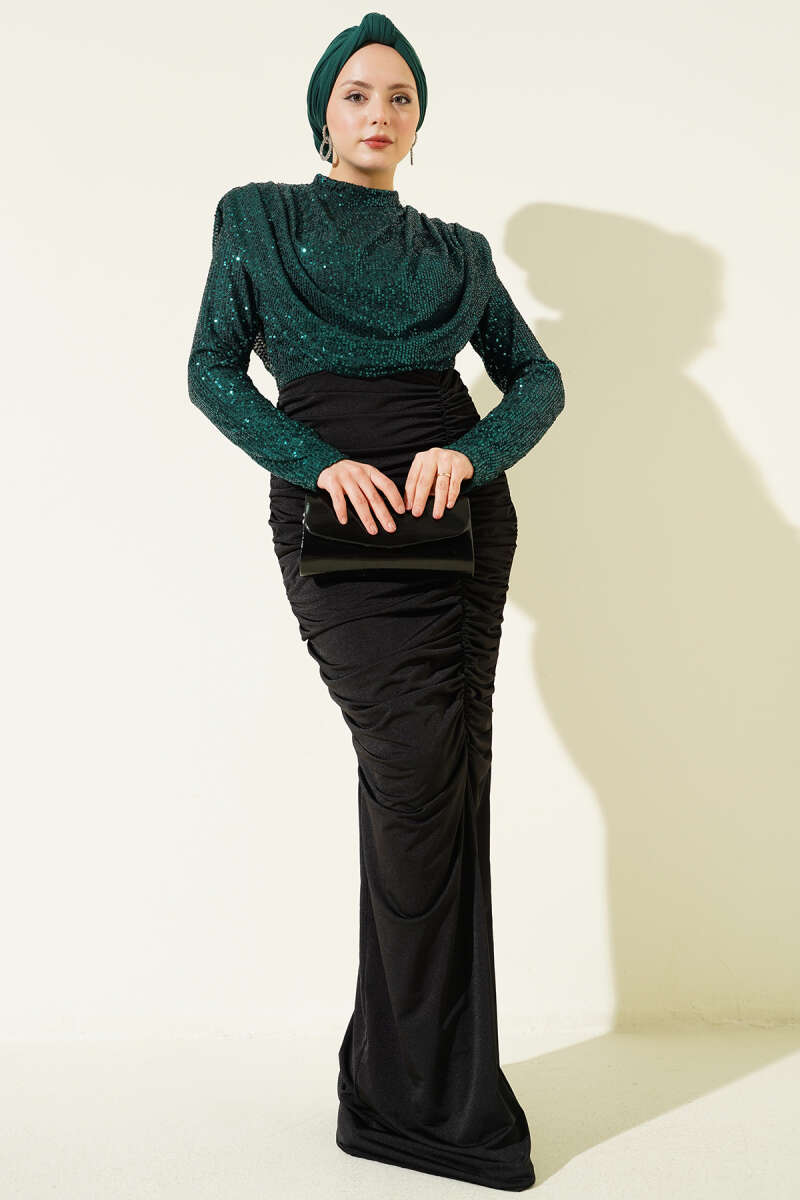 Ruched Sequin Evening Dress - Emerald