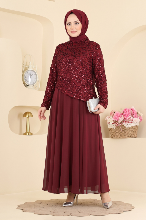 Sequin Chiffon and Tulle Evening Dress - Burgundy