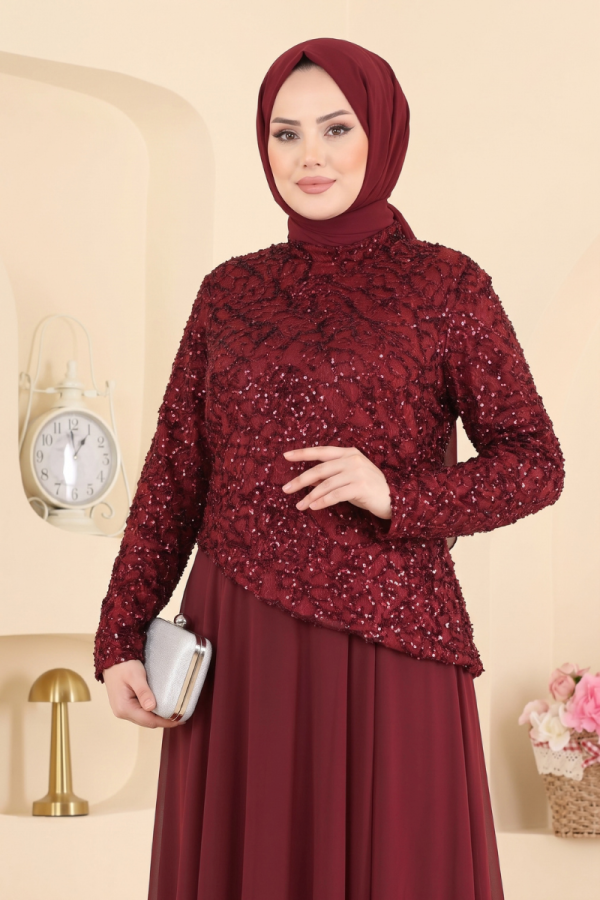 Sequin Chiffon and Tulle Evening Dress - Burgundy