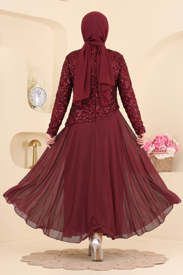 Sequin Chiffon and Tulle Evening Dress - Burgundy