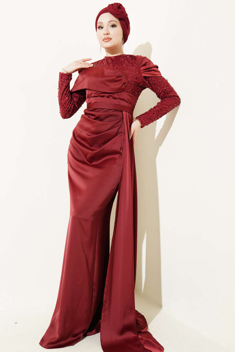 Sequin Evening Dress with Train - Burgundy