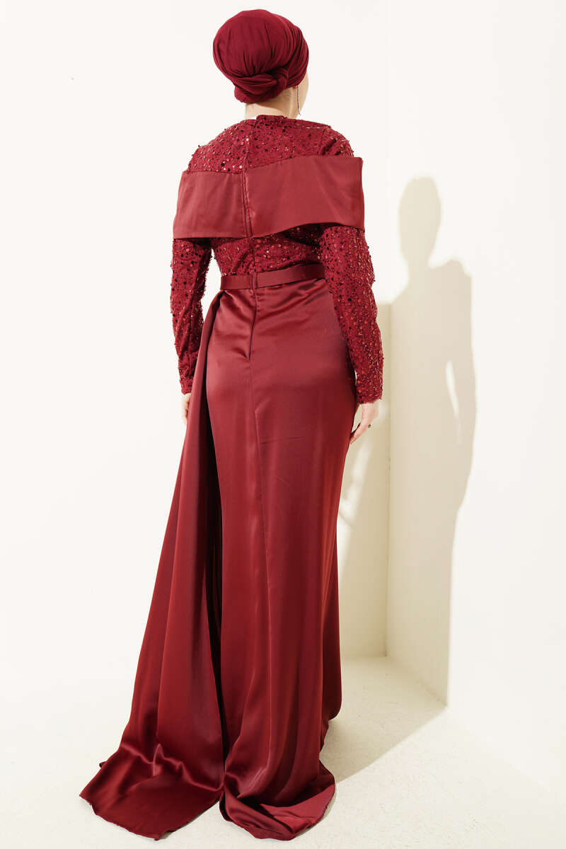 Sequin Evening Dress with Train - Burgundy