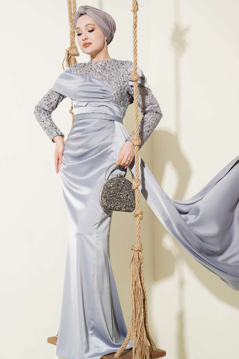 Sequin Evening Dress with Train - Grey
