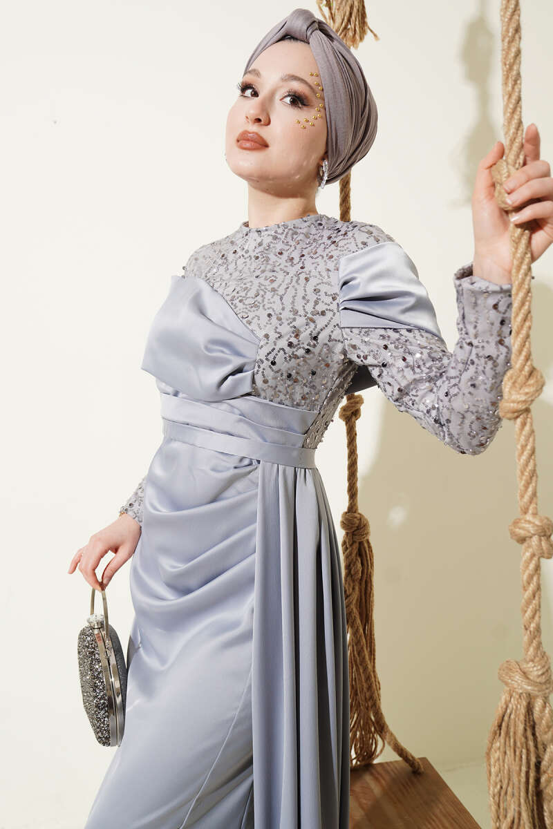 Sequin Evening Dress with Train - Grey