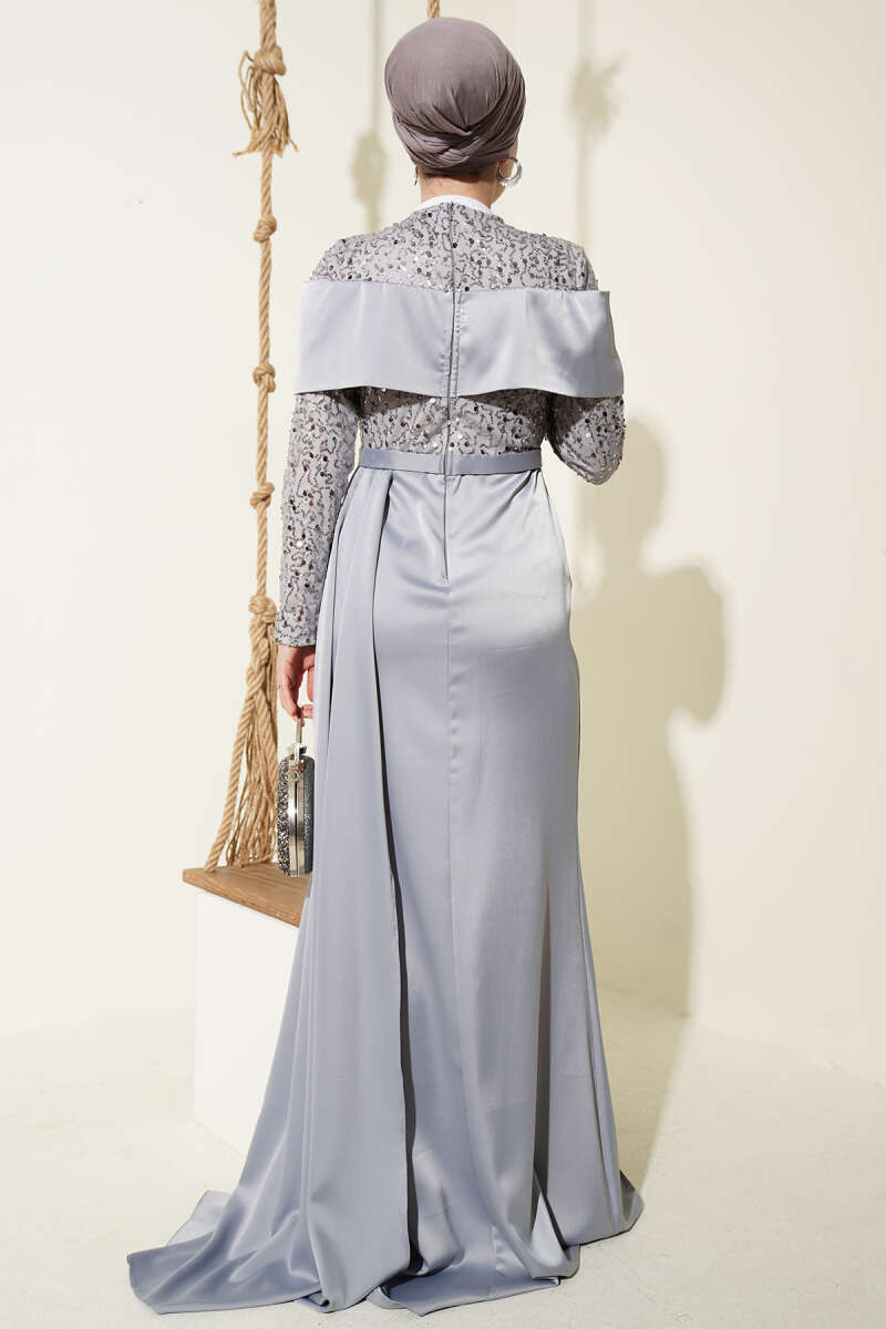 Sequin Evening Dress with Train - Grey