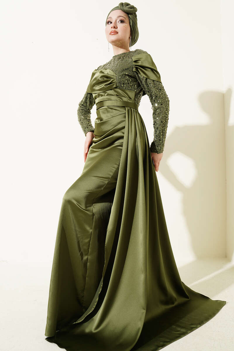 Sequin Evening Dress with Train - Khaki