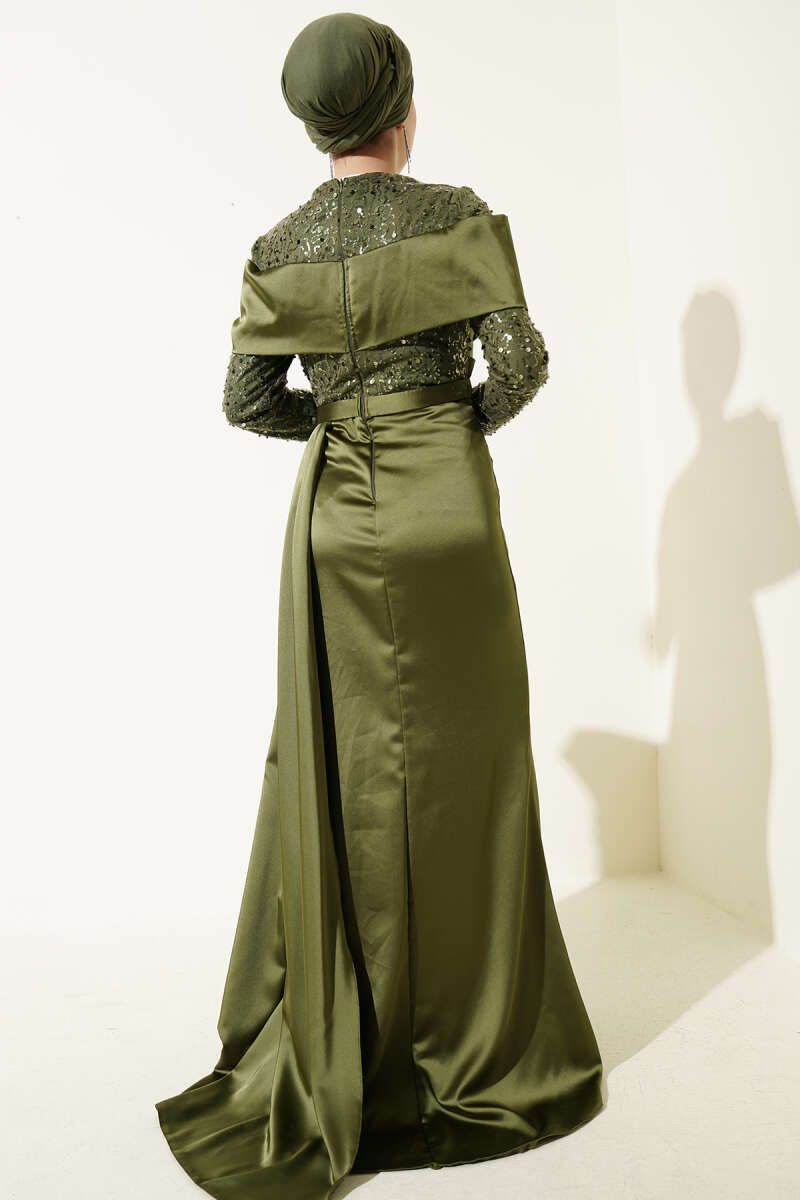 Sequin Evening Dress with Train - Khaki