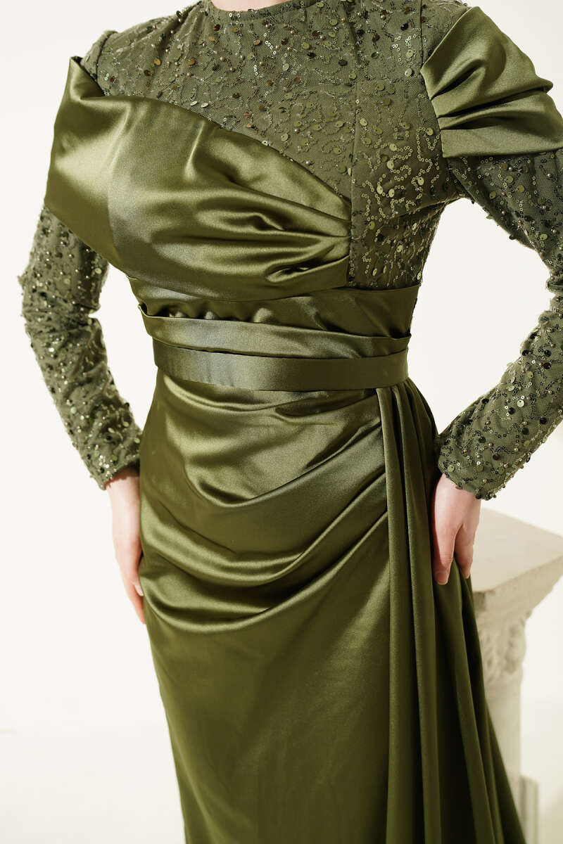 Sequin Evening Dress with Train - Khaki