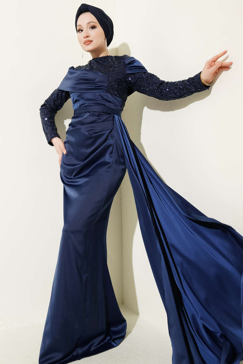 Sequin Evening Dress with Train - Navy