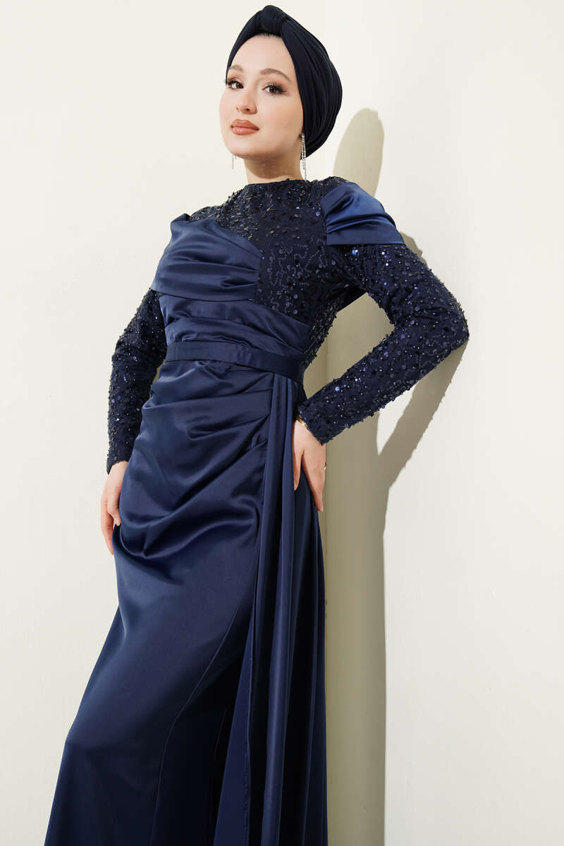 Sequin Evening Dress with Train - Navy