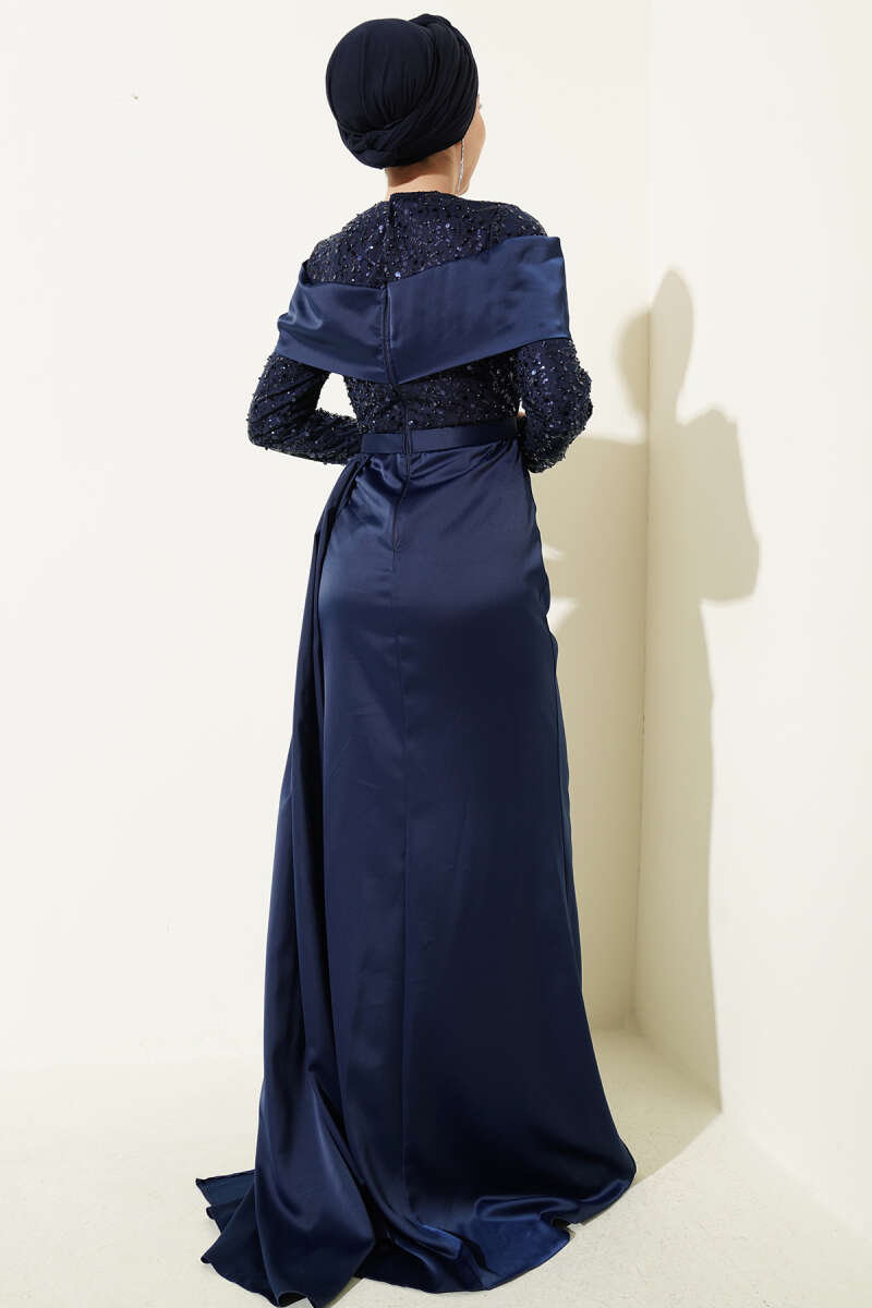 Sequin Evening Dress with Train - Navy