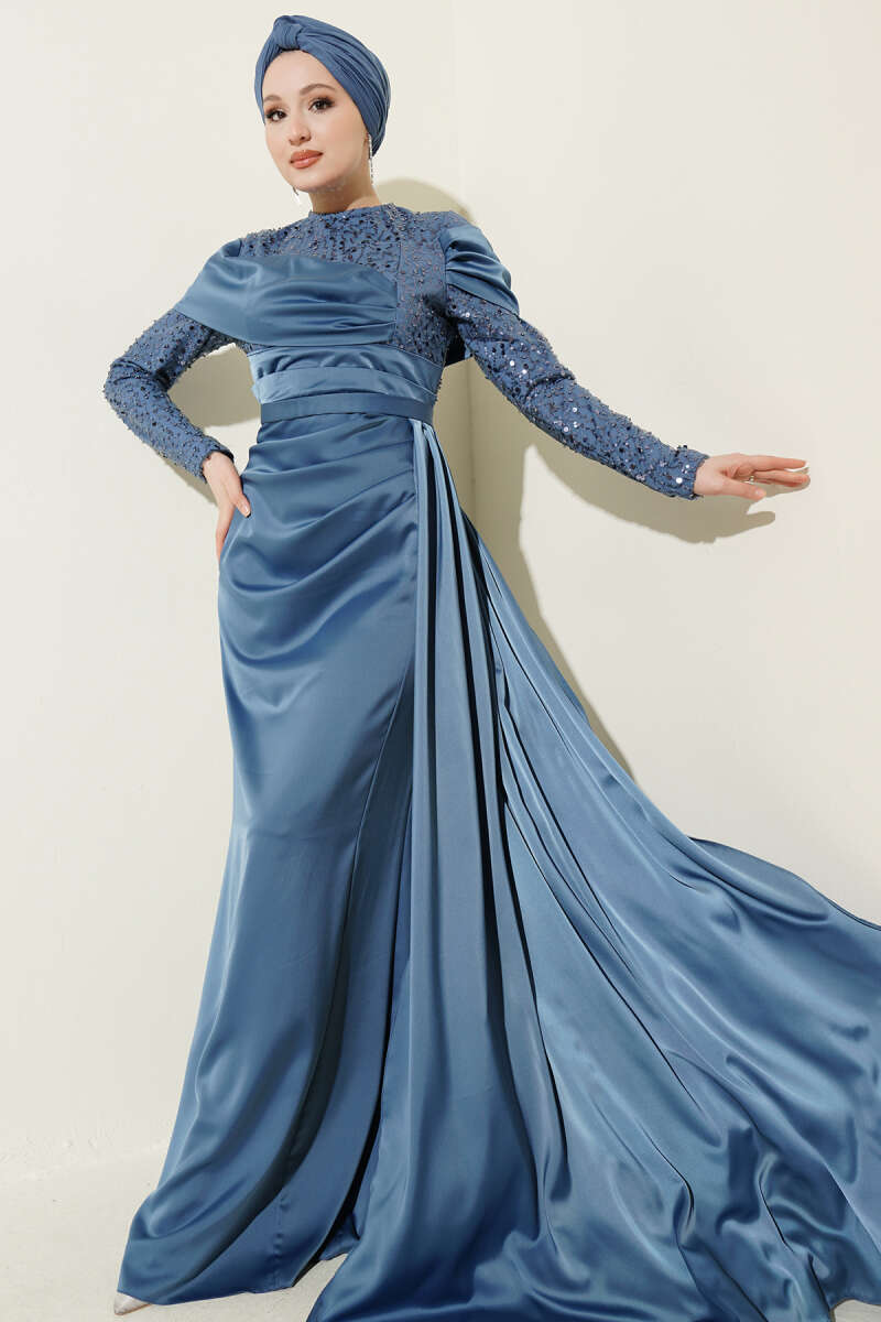 Sequin Evening Dress with Train - Blue