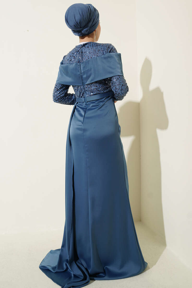 Sequin Evening Dress with Train - Blue
