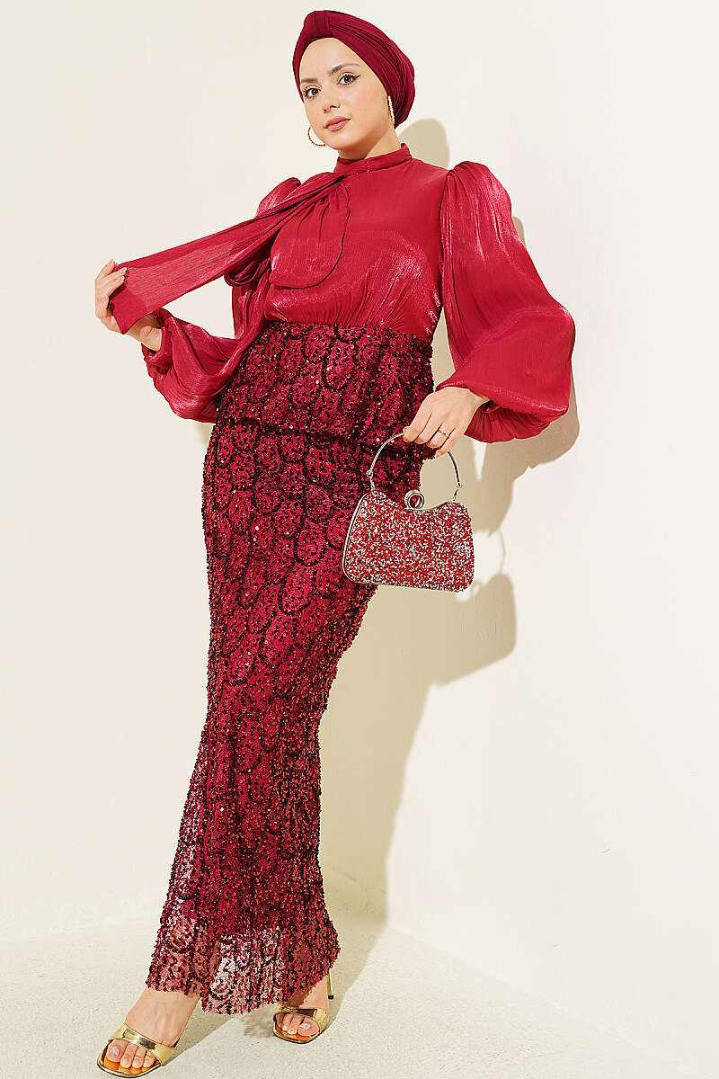 Evening Two-Piece Set with Sequin Skirt - Burgundy