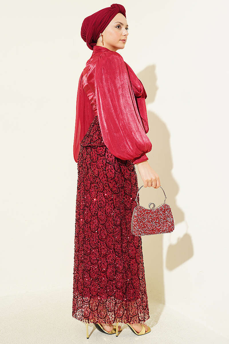 Evening Two-Piece Set with Sequin Skirt - Burgundy