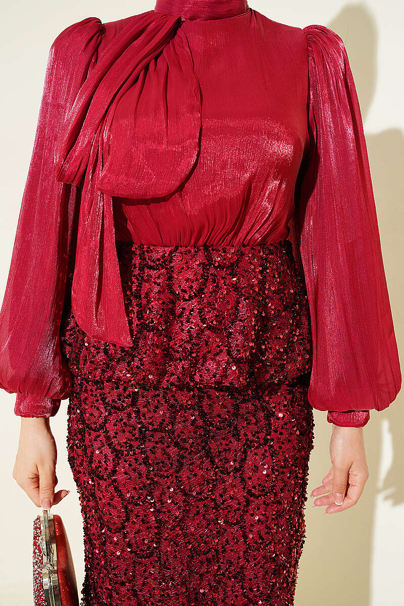 Evening Two-Piece Set with Sequin Skirt - Burgundy
