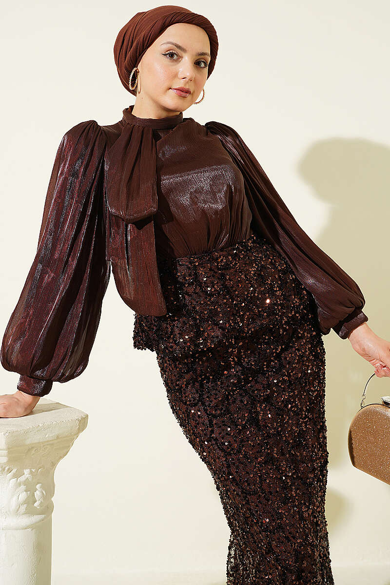Evening Two-Piece Set with Sequin Skirt - Brown