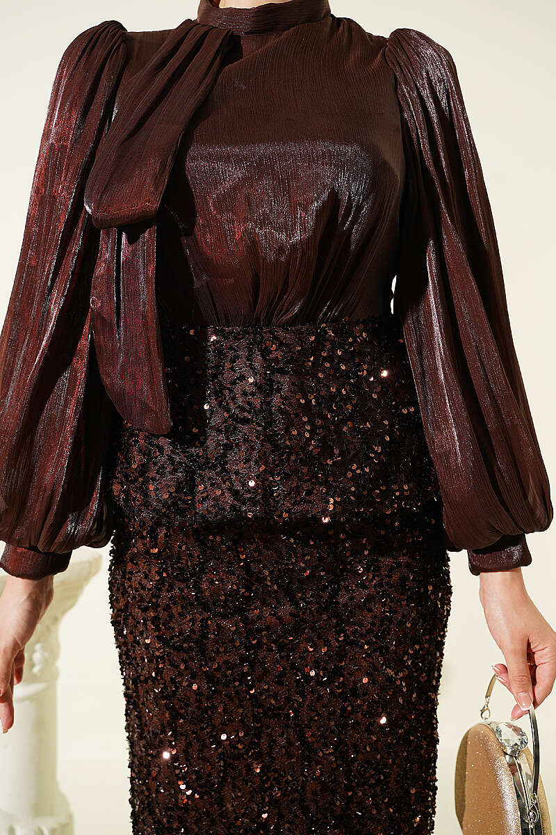 Evening Two-Piece Set with Sequin Skirt - Brown