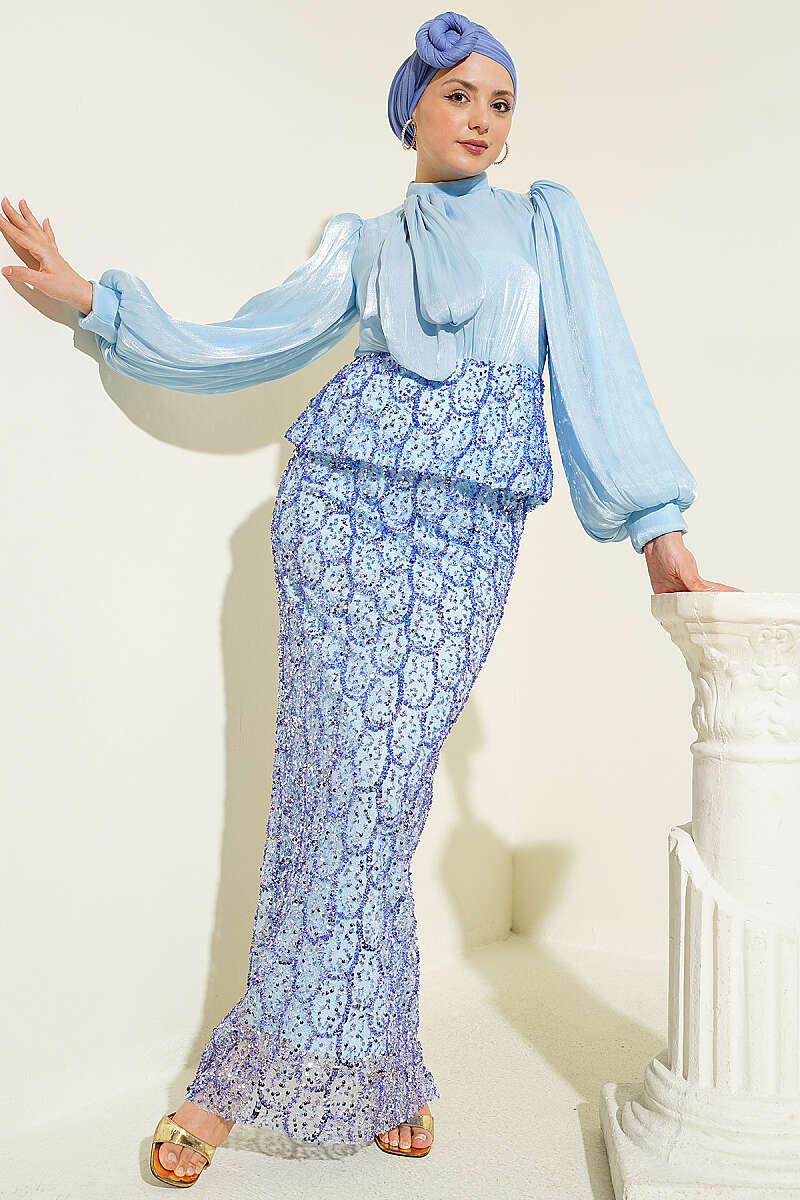 Evening Two-Piece Set with Sequin Skirt - Blue