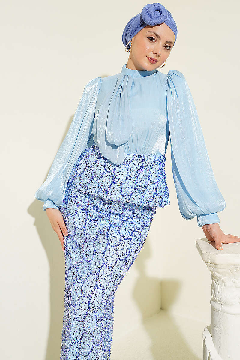 Evening Two-Piece Set with Sequin Skirt - Blue