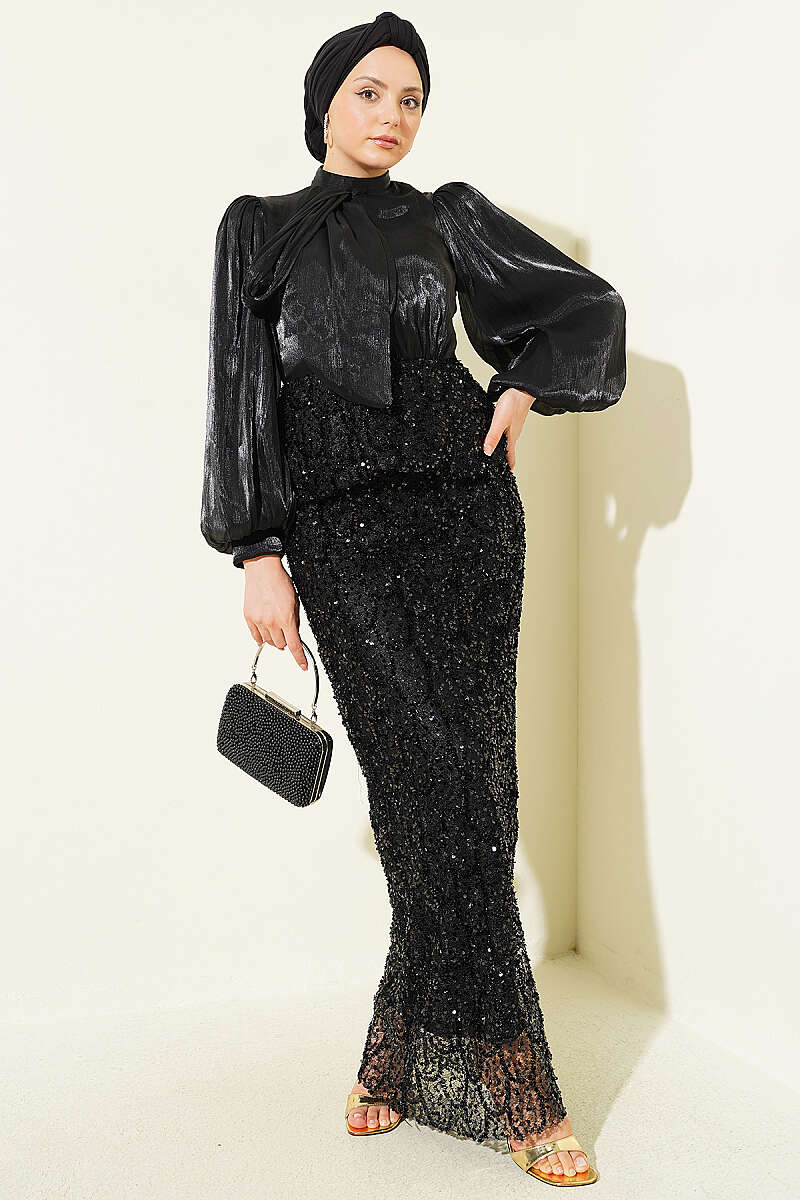 Evening Two-Piece Set with Sequin Skirt - Black