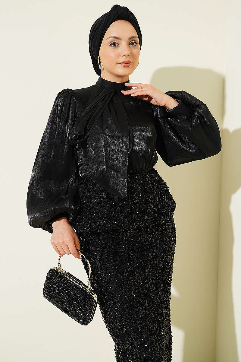 Evening Two-Piece Set with Sequin Skirt - Black