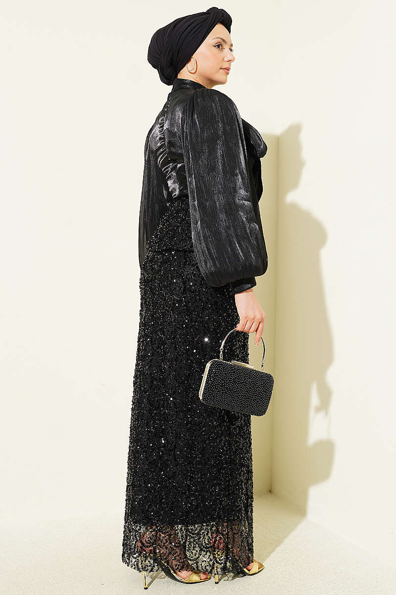 Evening Two-Piece Set with Sequin Skirt - Black