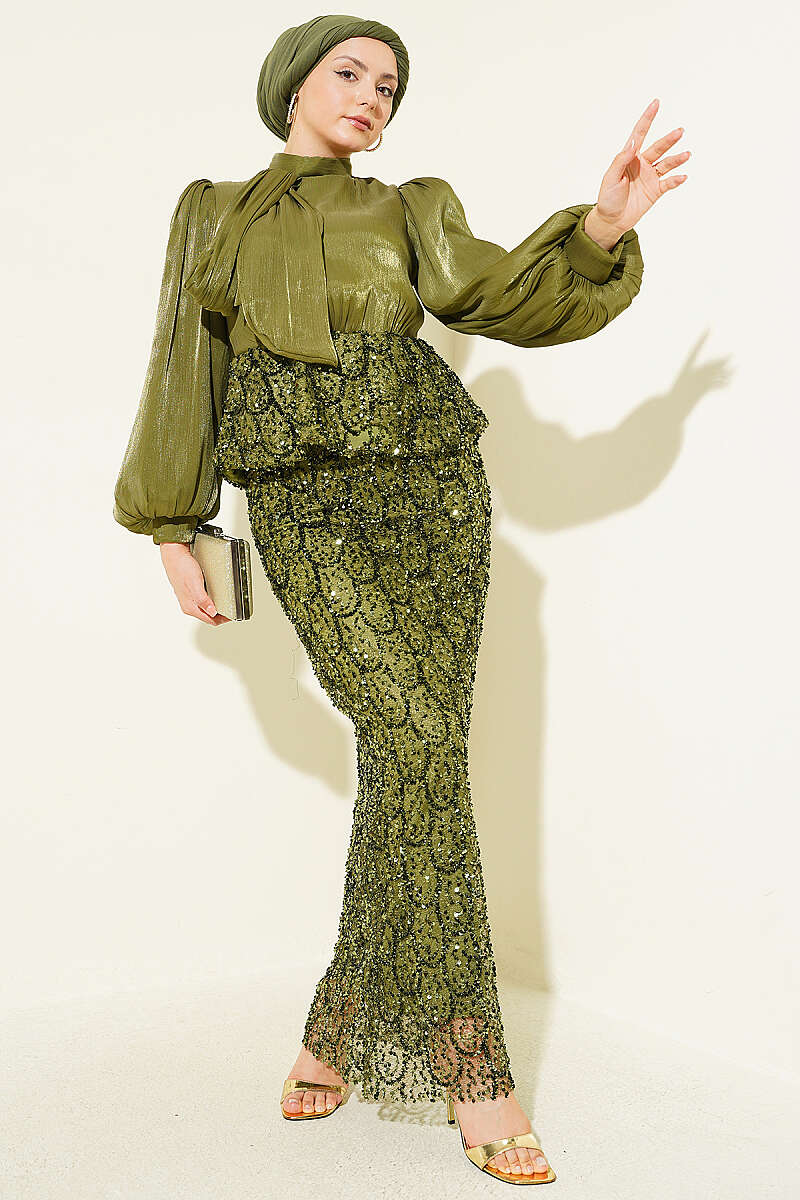 Evening Two-Piece Set with Sequin Skirt - Olive
