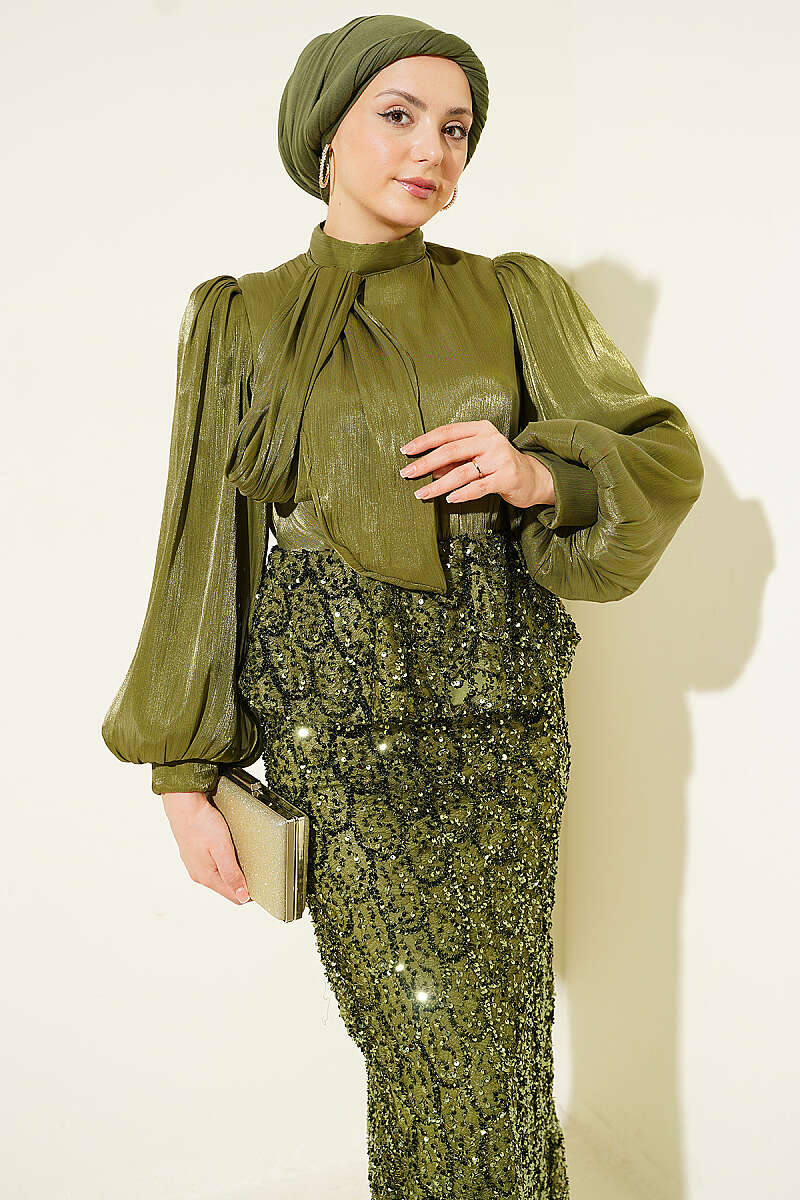 Evening Two-Piece Set with Sequin Skirt - Olive