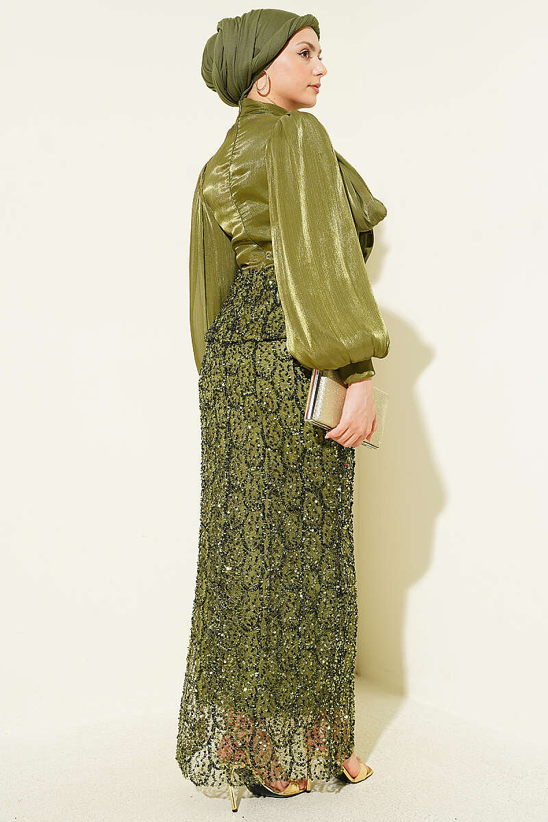 Evening Two-Piece Set with Sequin Skirt - Olive