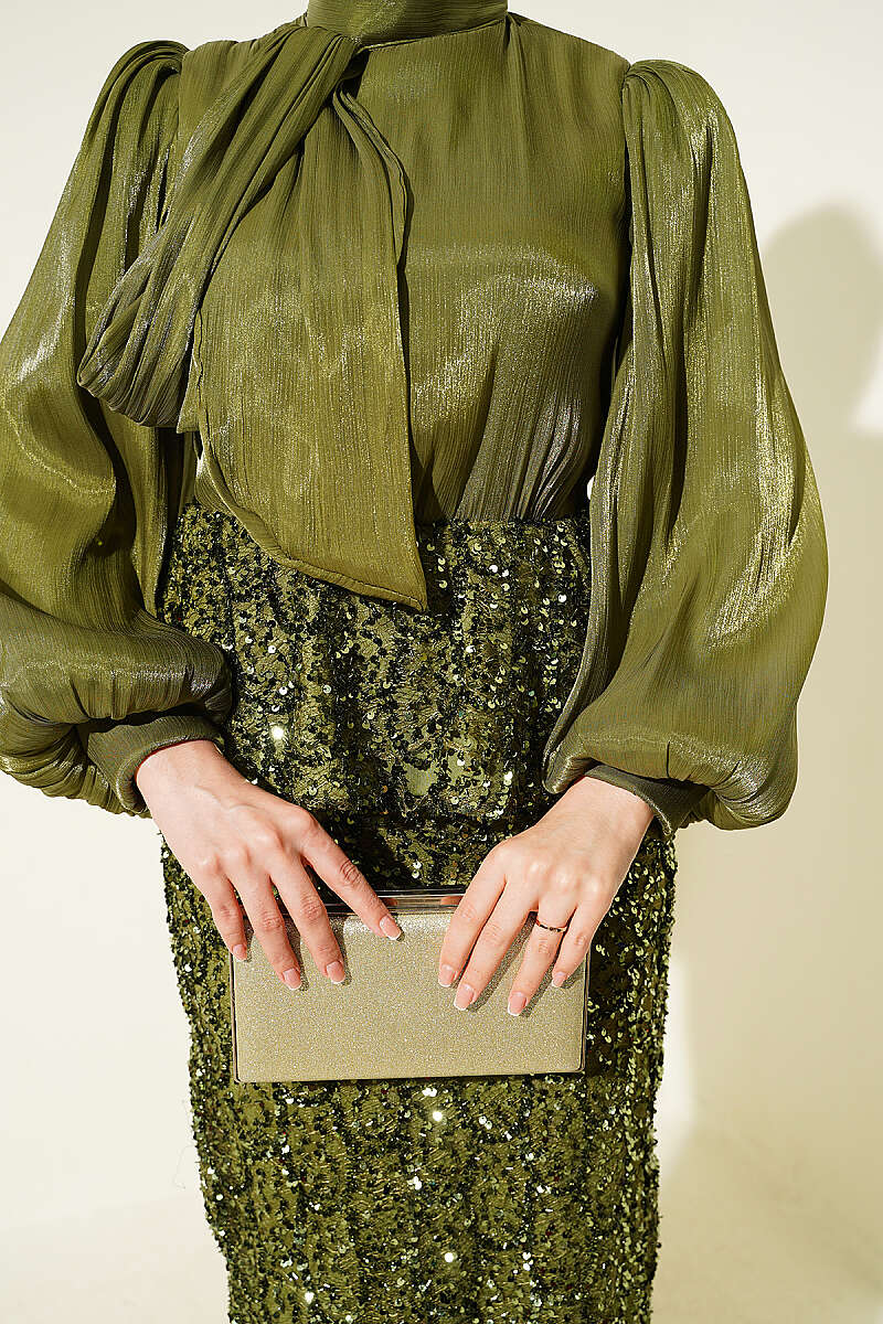 Evening Two-Piece Set with Sequin Skirt - Olive
