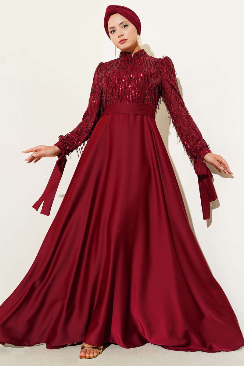 Sequin Evening Dress with Tie Sleeves and Panels - Burgundy