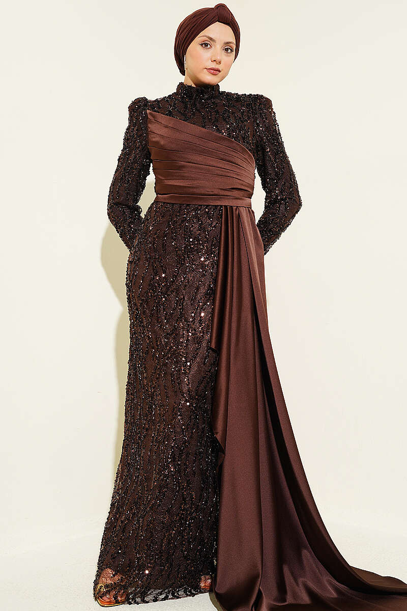 Draped Sequin-Embellished Evening Dress - Brown