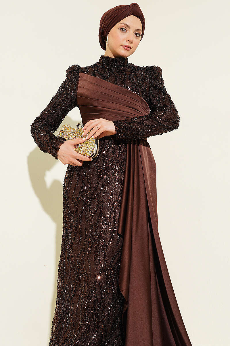 Draped Sequin-Embellished Evening Dress - Brown