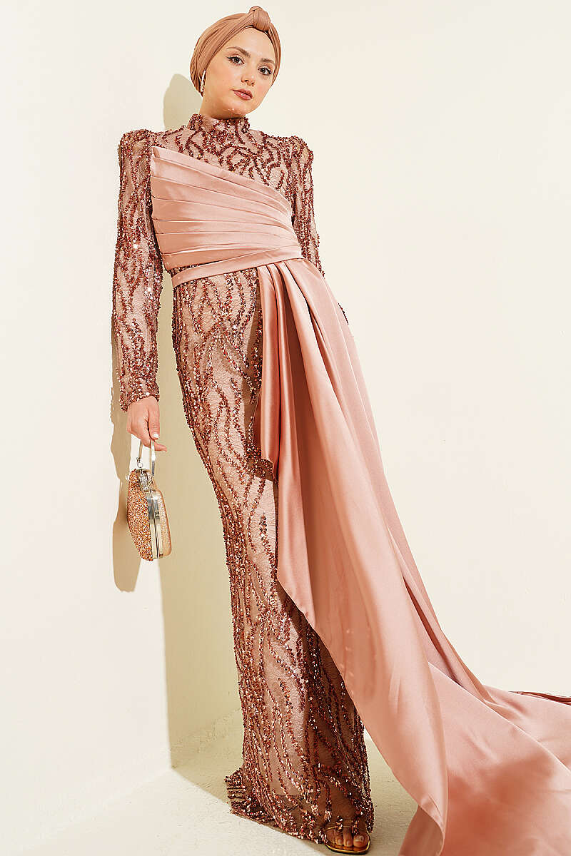 Draped Sequin-Embellished Evening Dress - Latte