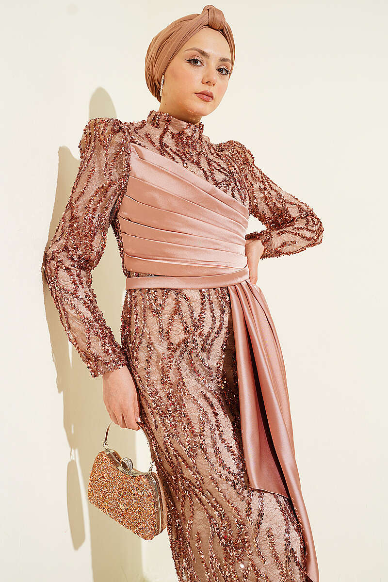 Draped Sequin-Embellished Evening Dress - Latte