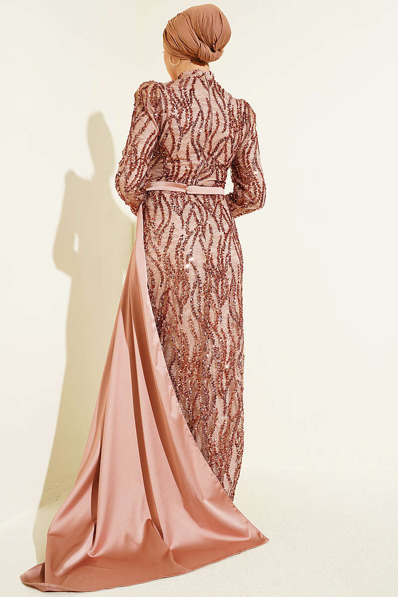 Draped Sequin-Embellished Evening Dress - Latte