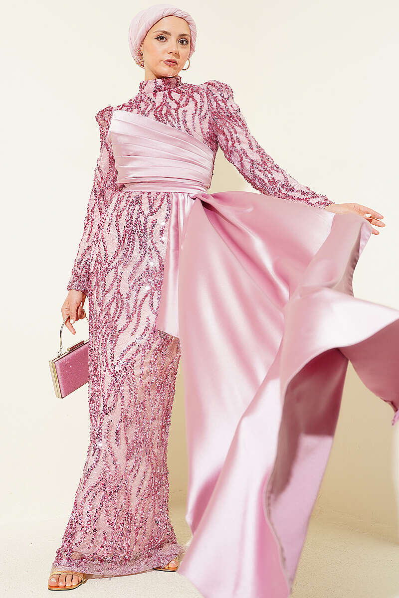 Draped Sequin-Embellished Evening Dress - Powder