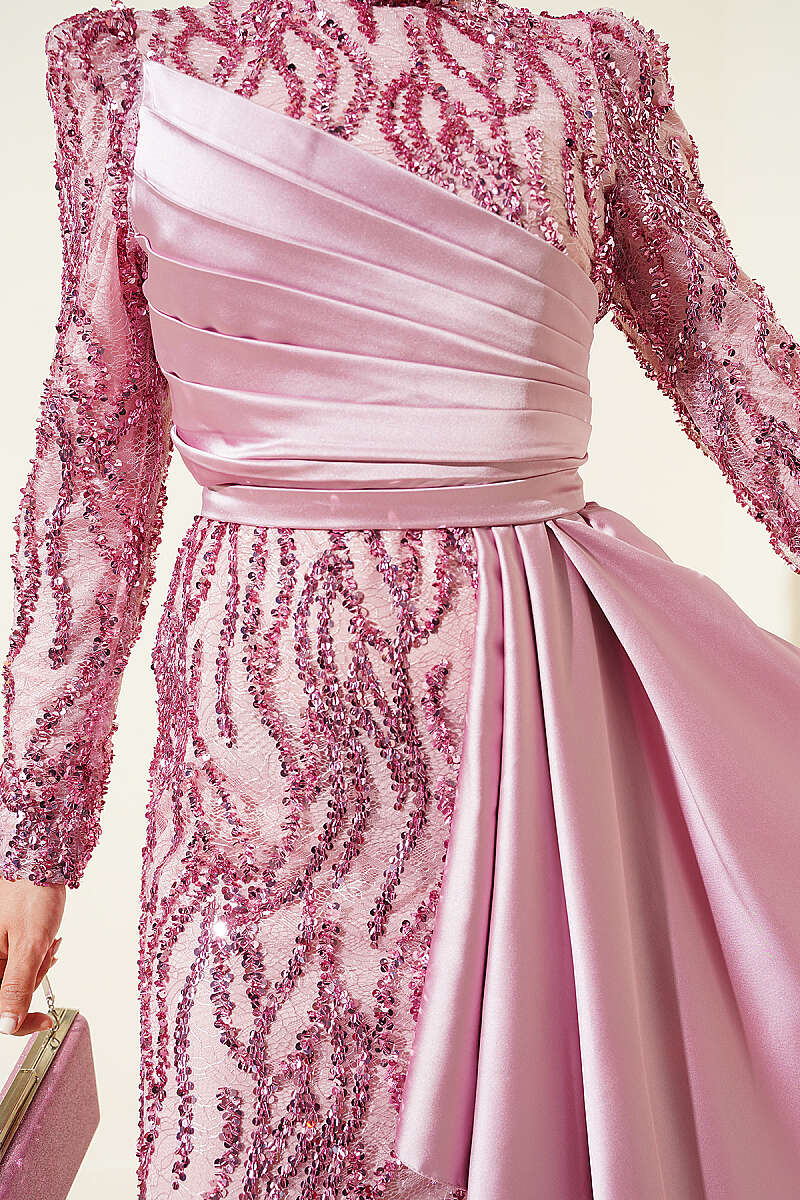 Draped Sequin-Embellished Evening Dress - Powder