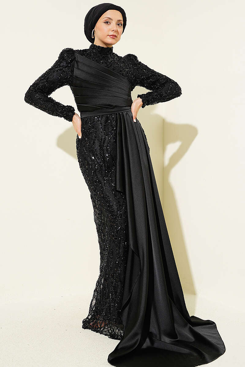 Draped Sequin-Embellished Evening Dress - Black