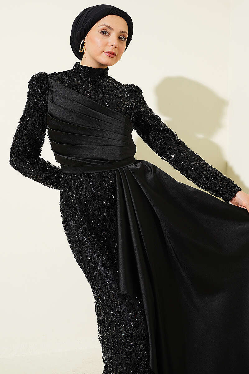 Draped Sequin-Embellished Evening Dress - Black