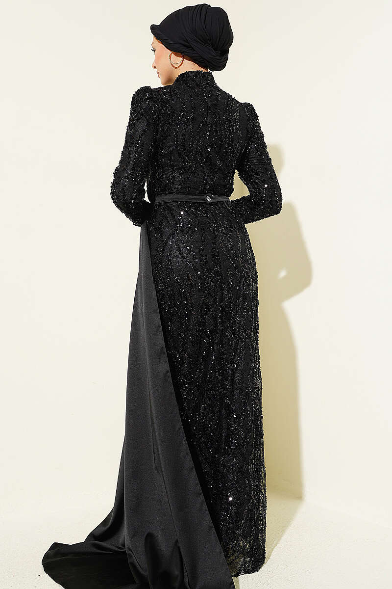 Draped Sequin-Embellished Evening Dress - Black