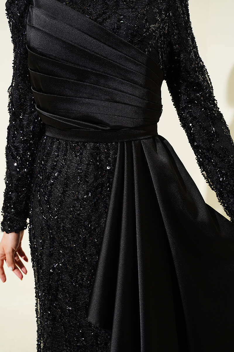 Draped Sequin-Embellished Evening Dress - Black