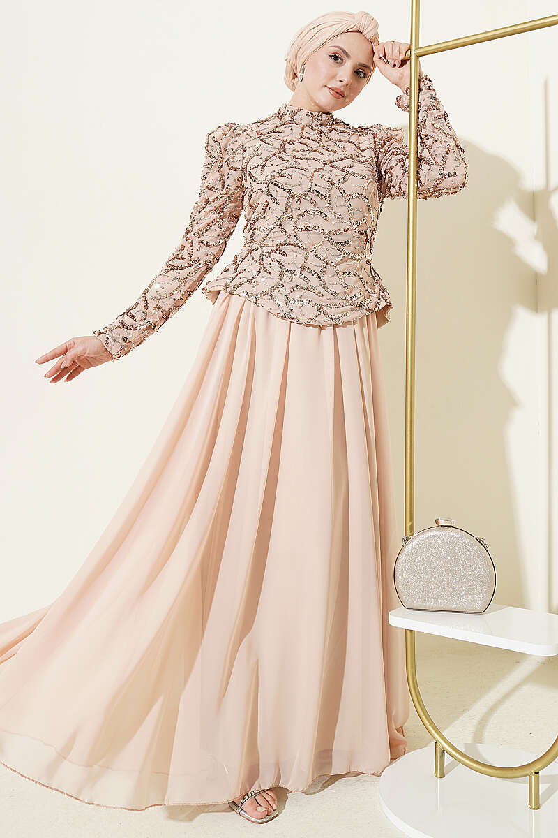 Sequin and Bead Embroidered Evening Dress - Beige